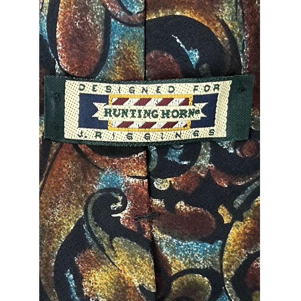 Hunting Horn J Riggins Mens Silk Tie Abstract Paisley Gold Teal Made in USA - Picture 2 of 4
